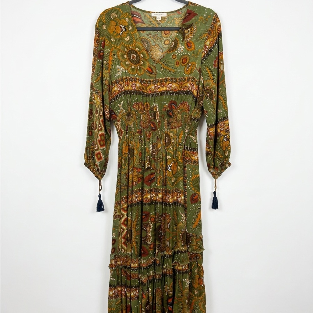 FARM Rio Olive Green Floral Midi Dress with Tassels